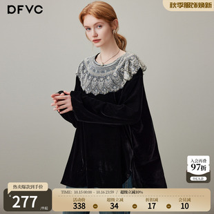 dfvc黑色复古丝绒长袖衬衫女2026年秋季新款荷叶边宽松内搭上衣