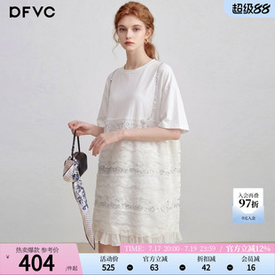 dfvc白色韩版蕾丝拼接T恤连衣裙女2026年夏季新款亮片宽松直筒裙