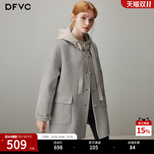 dfvc韩版中长款绵羊毛呢外套女2026年冬季新款连帽宽松双面呢大衣
