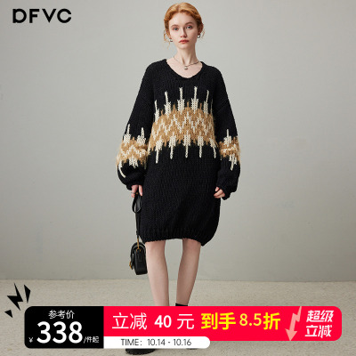dfvc通勤复古针织连衣裙灯笼袖