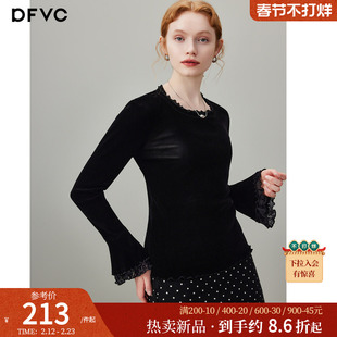 dfvc黑色丝绒长袖T恤女2026年春季新款喇叭袖花边显瘦内搭打底衫