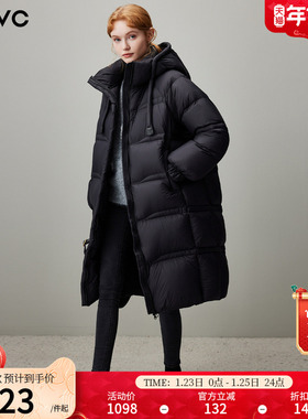 dfvc黑色中长款泡芙羽绒服女2025年冬季新款连帽加厚白鸭绒面包服