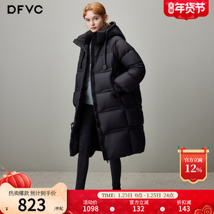 dfvc黑色中长款泡芙羽绒服女2025年冬季新款连帽加厚白鸭绒面包服