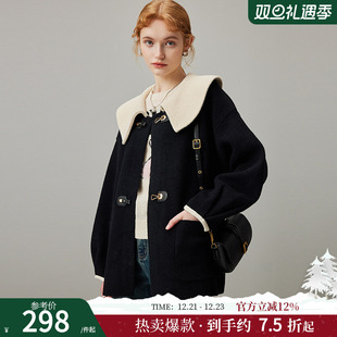 大衣厚 撞色牛角扣宽松短款 dfvc黑色娃娃领毛呢外套女2025新款 冬季
