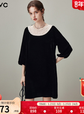dfvc黑色复古桑蚕丝真丝丝绒连衣裙女2026年春季新款小个子小黑裙