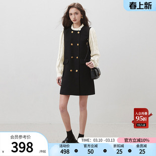 dfvc赫本风黑色连衣裙女春2026新款拼接木耳边长袖小个子小黑裙子