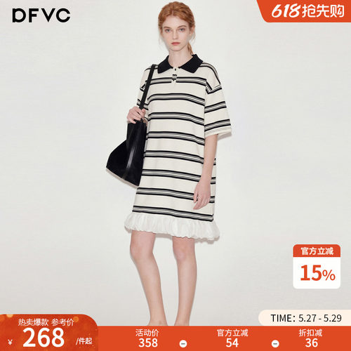 dfvc韩版休闲Polo领条纹T恤裙
