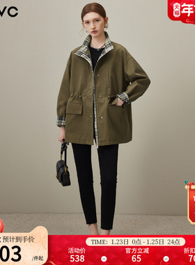 dfvc美拉德中长款风衣外套女2026年春季新款格子收腰宽松休闲夹克