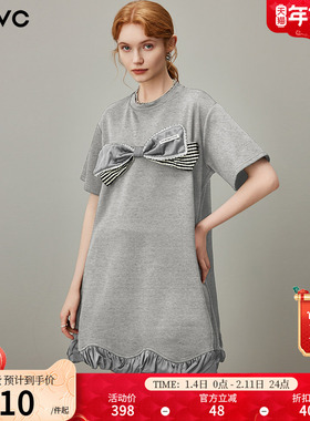 dfvc灰色时尚圆领短袖t恤连衣裙女2025年夏季新款蝴蝶结休闲裙子