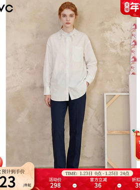 dfvc通勤风纯棉白色长袖衬衫女2026年春季新款花边领宽松百搭衬衣