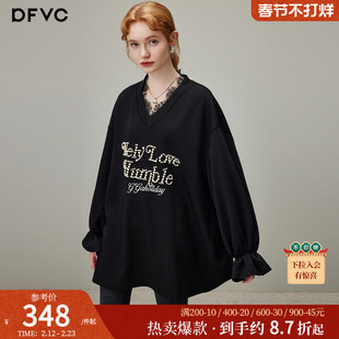 dfvc黑色休闲字母V领套头卫衣裙女2025年冬季新款宽松长袖连衣裙