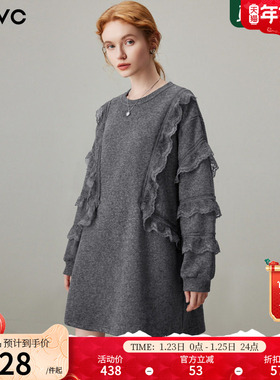 dfvc时尚休闲圆领卫衣裙女2025年冬季新款蕾丝花边宽松冬装连衣裙