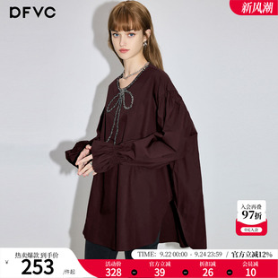 dfvc法式纯棉长袖衬衫女2026年秋季新款蝴蝶结钉珠宽松设计感上衣