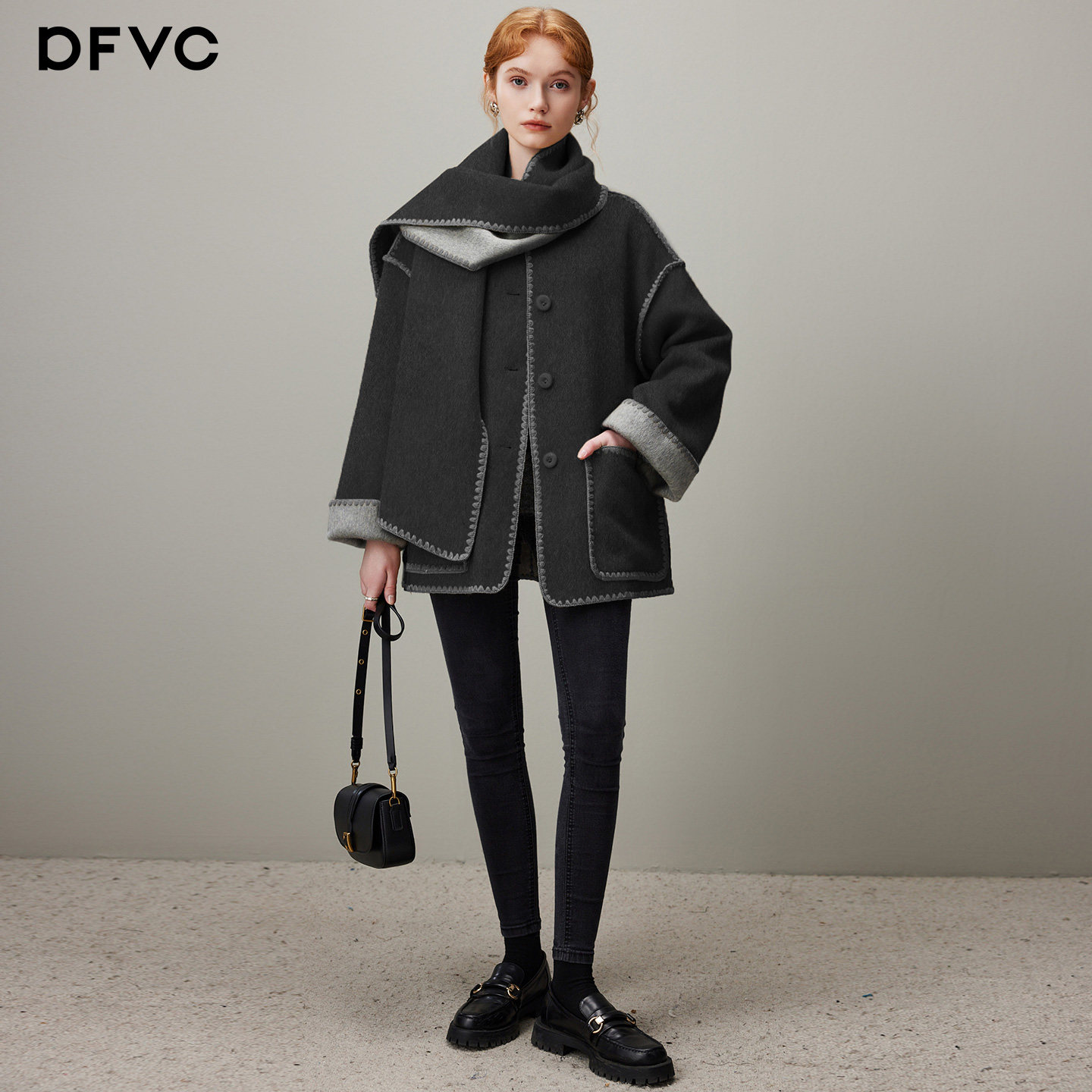 dfvc气质双面穿绵羊毛呢外套女2025年冬季新款围脖短款双面呢大衣