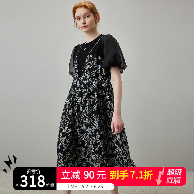 dfvc假两件吊带T恤连衣裙女夏季2025新款印花拼接泡泡袖天丝裙子