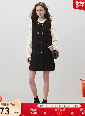 dfvc赫本风黑色连衣裙女春2026新款拼接木耳边长袖小个子小黑裙子