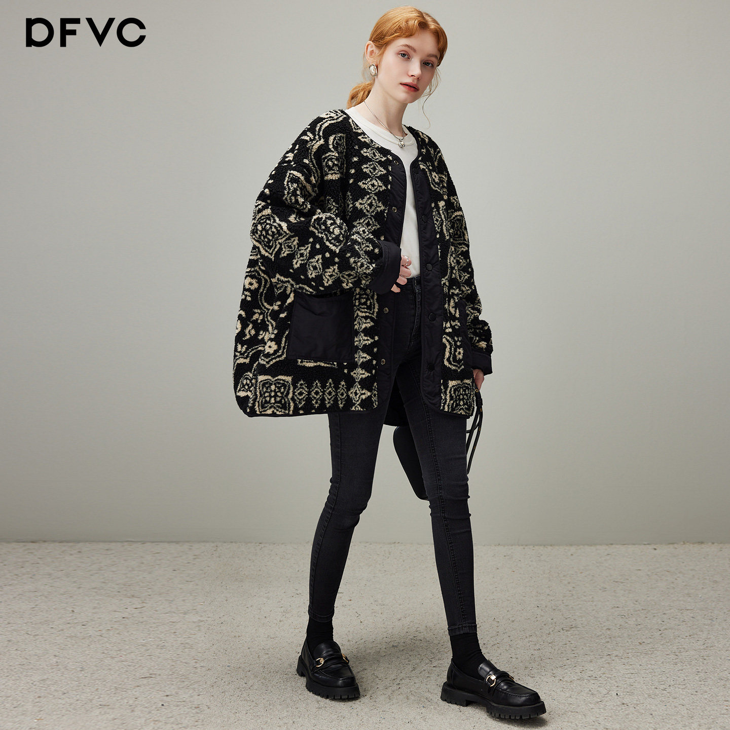 dfvc复古双面穿仿羊羔毛毛呢外套女2025年冬季新款中长款宽松大衣