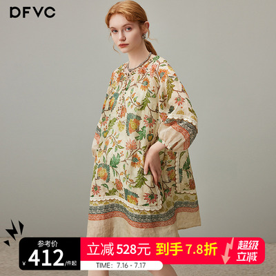 dfvc苎麻复古碎花连衣裙度假风