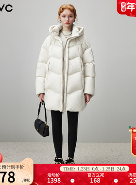 dfvc时尚中长款连帽泡芙羽绒服女2025冬季新款加厚保暖白鸭绒外套