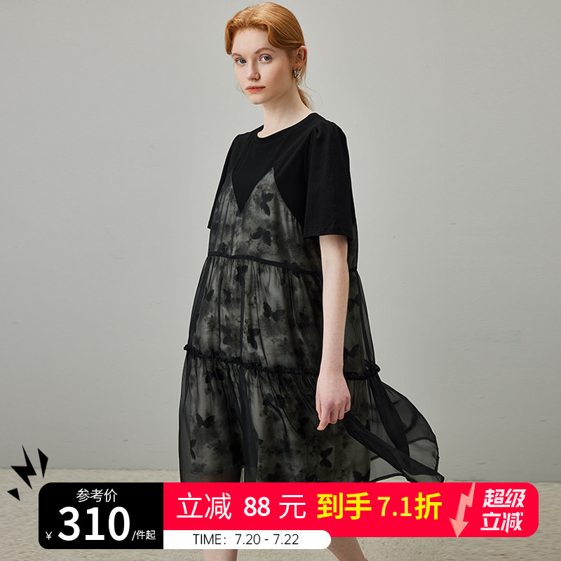 dfvc黑色假两件T恤连衣裙女夏季2025新款网纱拼接印花宽松a字裙子