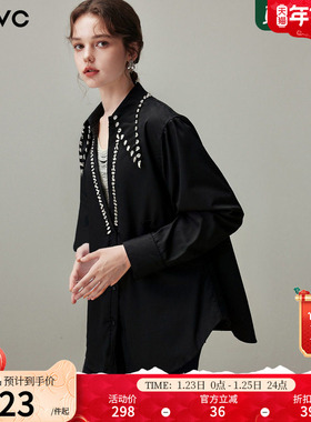 dfvc黑色纯棉设计感小众长袖衬衫女2025年冬季新款钉珠宽松衬衣