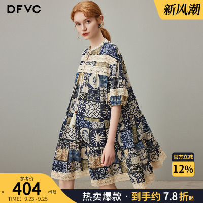 dfvc苎麻复古印花连衣裙