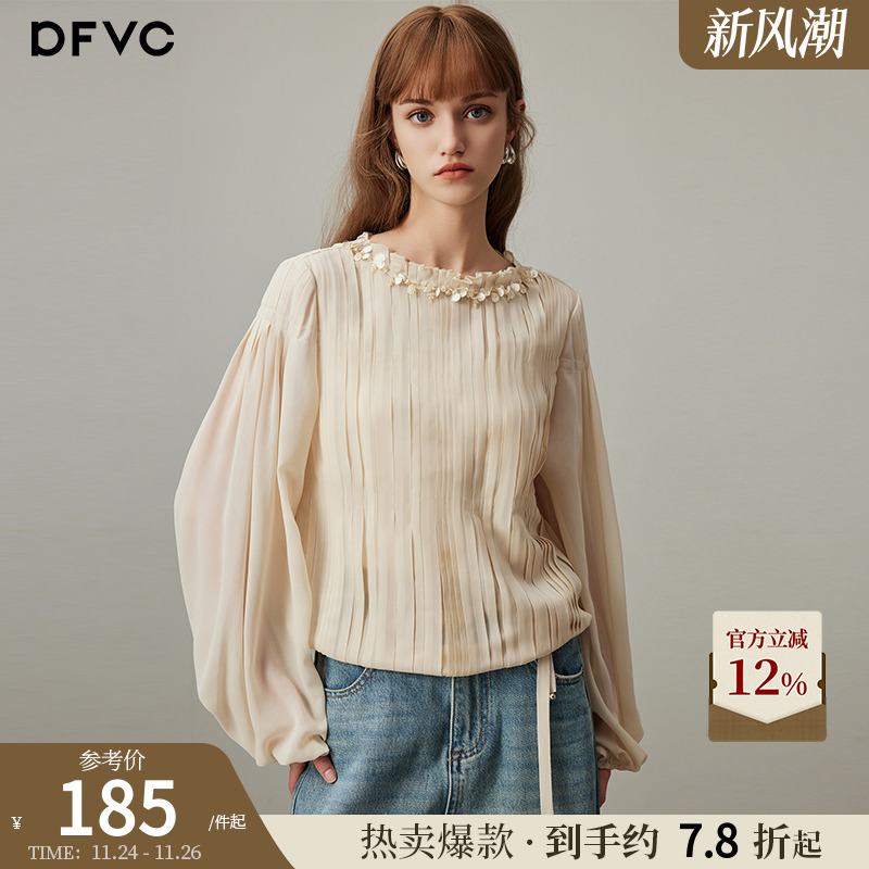 dfvc宽松淑女风长袖压褶衬衫