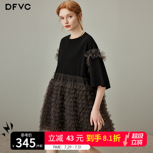dfvc網(wǎng)紗拼接蛋糕裙短袖 小個子寬松連衣裙 新款 t恤裙女2025年夏季