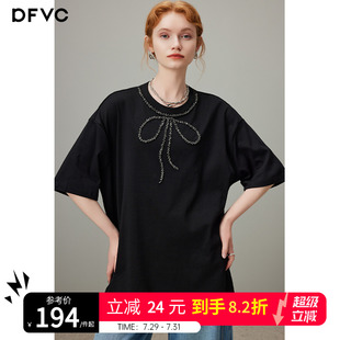 dfvc黑色简约休闲圆领短袖 蝴蝶结钉珠宽松上衣 t恤女2025夏季 新款