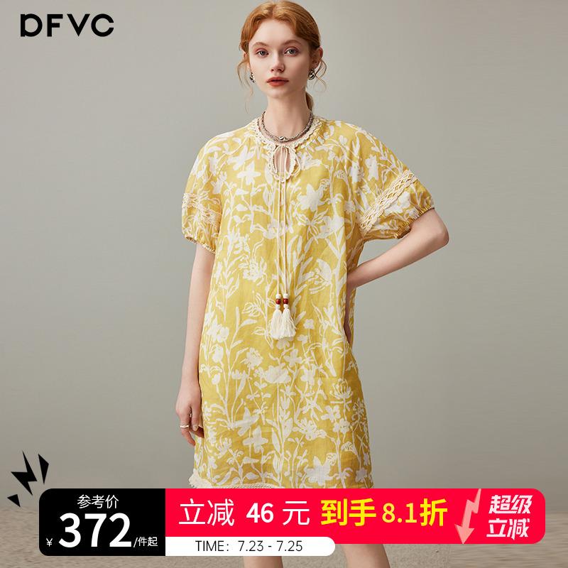 dfvc苎麻度假风碎花连衣裙女2025年夏季新款系带领大码宽松中长裙
