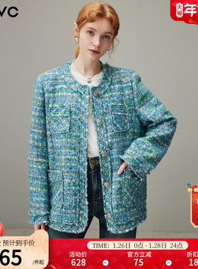 dfvc法式小香风短款外套女2025年冬季新款宽松圆领粗花呢名媛上衣