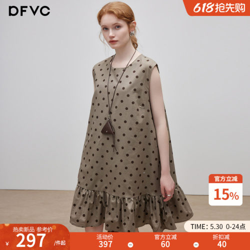 dfvc亚麻韩版波点无袖连衣裙