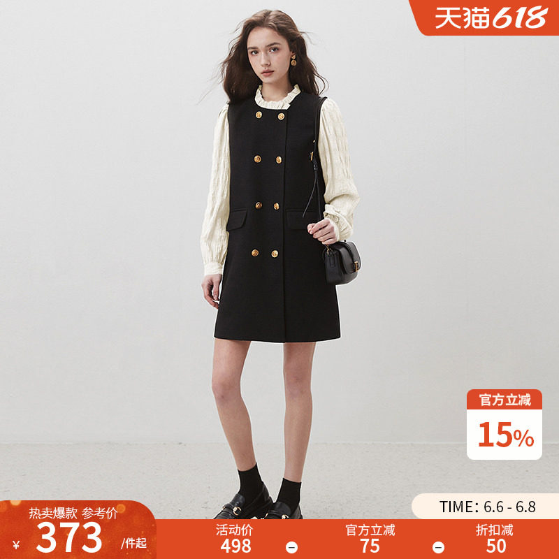 dfvc赫本风黑色连衣裙女春2026新款拼接木耳边长袖小个子小黑裙子