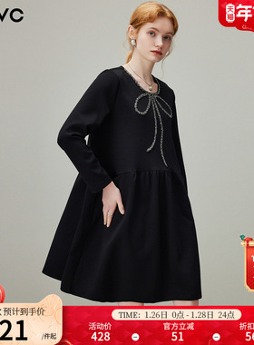 dfvc时尚钉珠长袖连衣裙女2025年冬季新款圆领蝴蝶结宽松小黑裙子