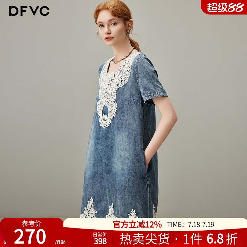 dfvc纯棉复古蕾丝拼接牛仔连衣裙