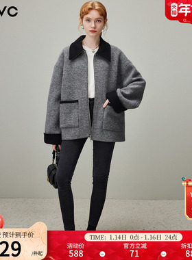 dfvc灰色韩版羊毛短款毛呢外套女2025年冬季新款翻领宽松加厚大衣