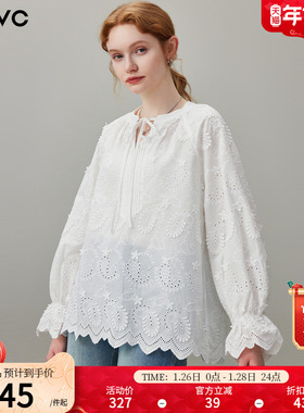 dfvc白色纯棉法式刺绣镂空长袖衬衫女2026春季新款系带领宽松衬衣