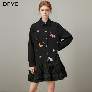 荷叶边钉珠连衣裙 新款 dfvc黑色纯棉设计感小众衬衫 裙女2026年春季