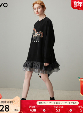 dfvc黑色休闲圆领卫衣裙女2026年春季新款小马刺绣宽松春装连衣裙