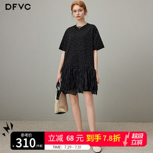 dfvc黑色满天星烫钻圆领短袖 荷叶边连衣裙子 t恤裙女2025夏季 新款