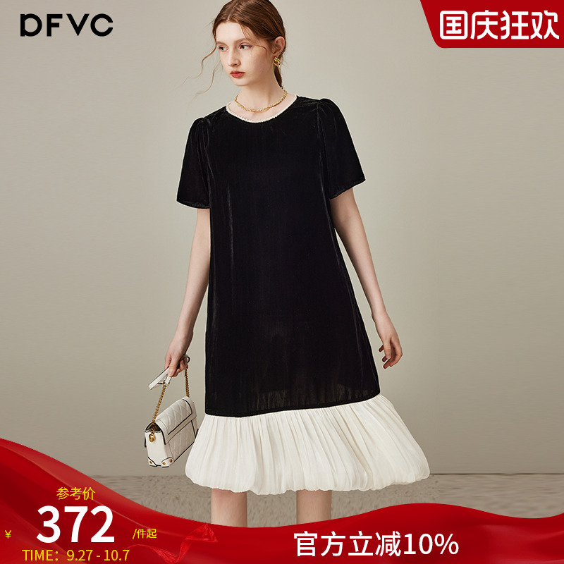 dfvc黑色复古丝绒连衣裙撞色拼接