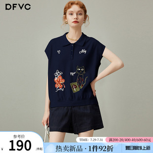 新款 dfvc减龄薄款 女2025年夏季 冰丝短袖 POLO领卡通刺绣上衣 针织衫