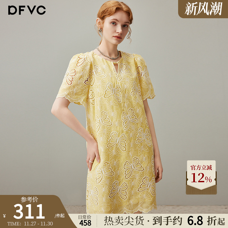 dfvc法式泡泡袖连衣裙蝴蝶刺绣