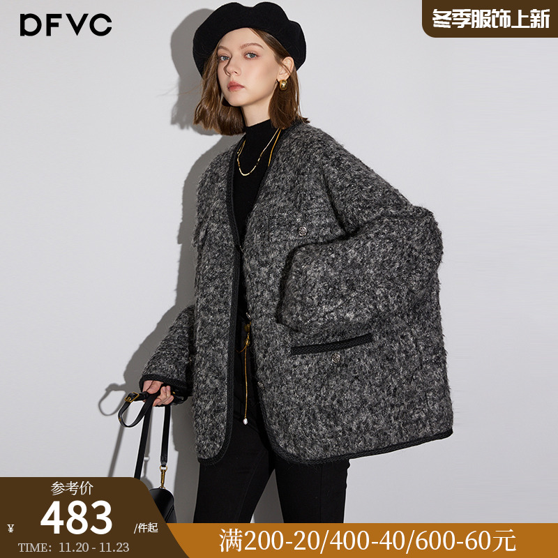 dfvc羊毛短款毛呢外套羊羔毛大衣
