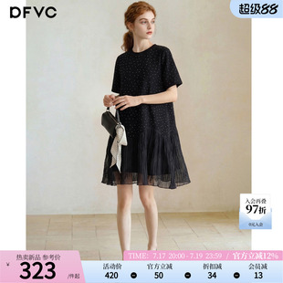 dfvc黑色满天星烫钻短袖T恤裙女2026新款秋季拼接褶皱显瘦连衣裙