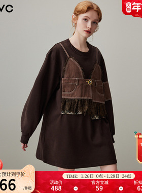 dfvc复古假两件圆领卫衣裙女2025年冬季新款拼接宽松长袖连衣裙