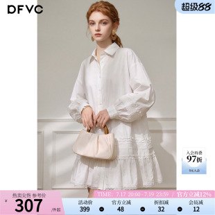 dfvc白色纯棉简约衬衫裙女2026秋季新款蕾丝荷叶边短裙长袖连衣裙
