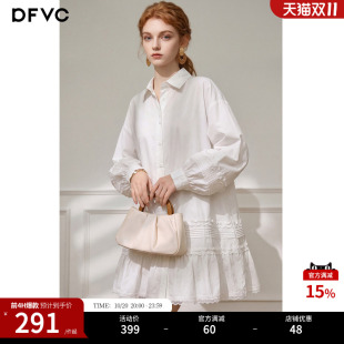 dfvc白色纯棉简约衬衫裙女2026秋季新款蕾丝荷叶边短裙长袖连衣裙