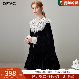 dfvc法式 宽松复古小黑裙子 新款 蕾丝荷叶领丝绒连衣裙女2025年冬季