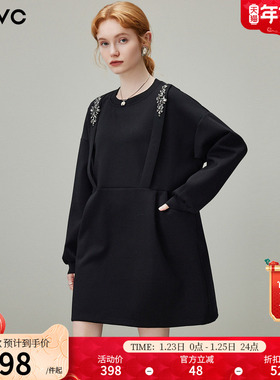 dfvc黑色时尚休闲圆领卫衣裙女2025年冬季新款钉珠宽松长袖连衣裙